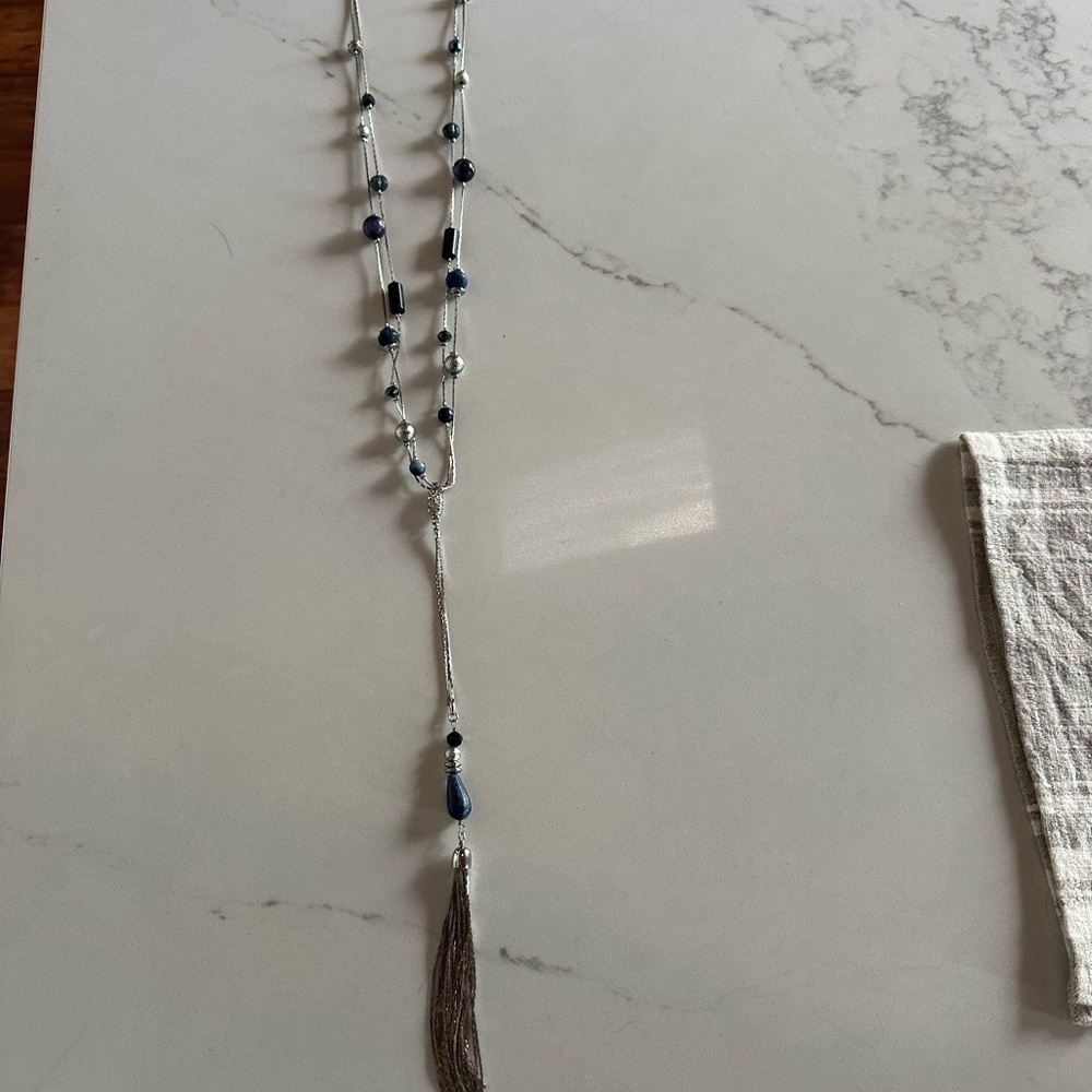 Delicate Silver Lariat Necklace with Blue and Black Beads